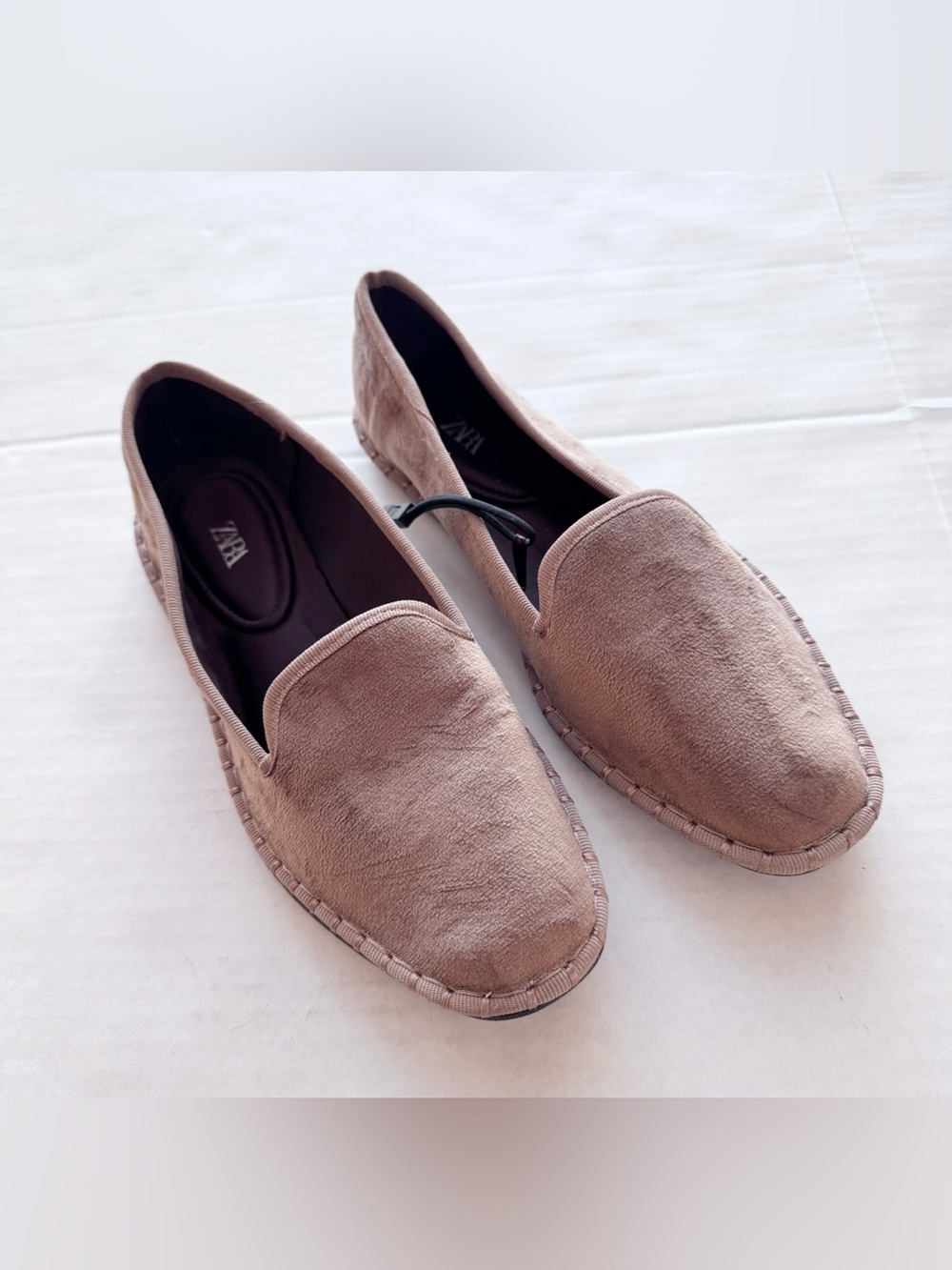 Zara New Velvet Minimalist Loafers in Taupe Sand NWOT